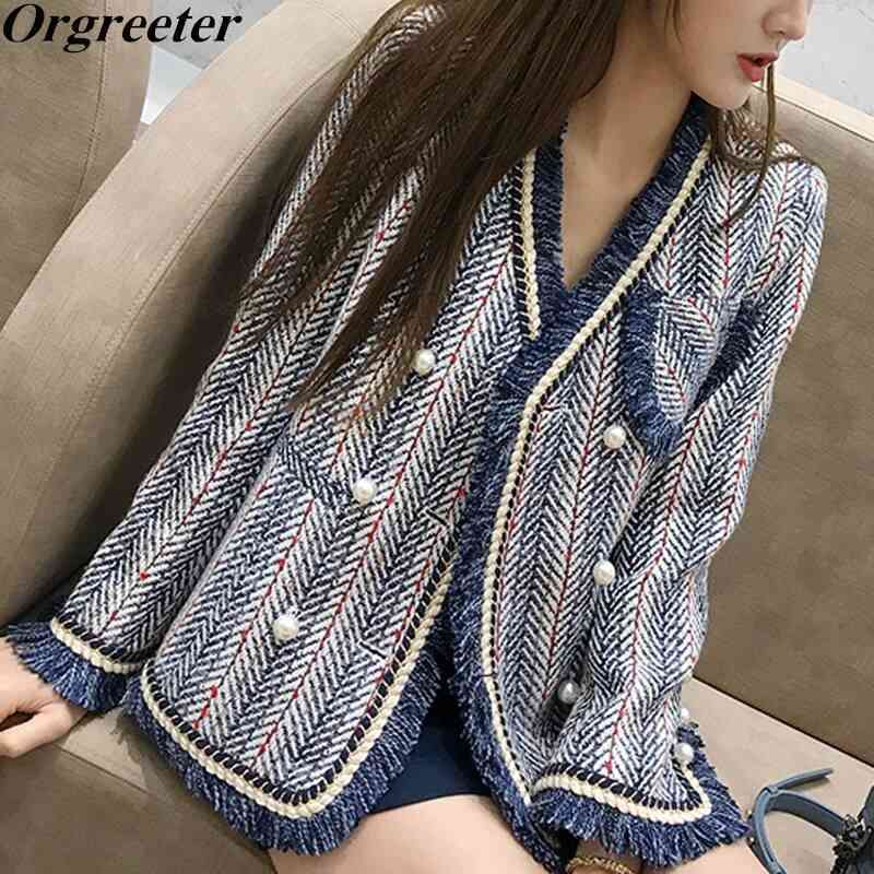 

Women Elegant Fashion Tweed Jacket Pearl button Striped Weaving Trim Tassel Jackets Outerwear Fall Winter Cardigan Coat 210525, Picture color