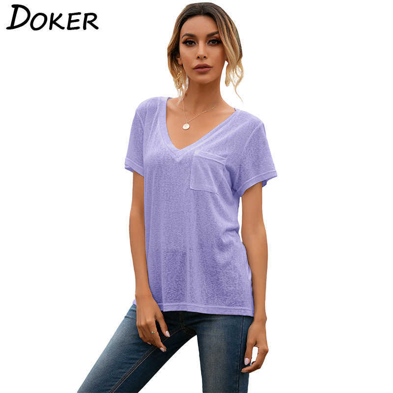 

Summer Women T Shirt Solid Color V Neck Pocket Casual Loose Short Sleeve Tops Female Streetwear Beach Holiday Blouse 210604, Black