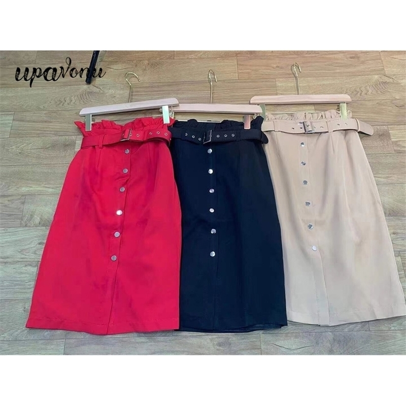 

Free Women Skirt Sexy Knee Length Women's Elastic Waist Belt Bodycon Single Breasted Summer Pencil 210524, Red