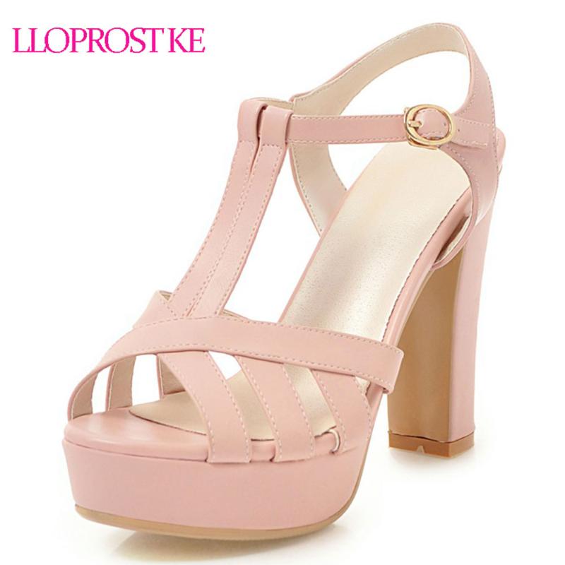 

Lloprost Ke 2021 Fashion Summer Woman Sandals Black White Thick Heels Platform T-strap Women Plus Size 32-43 MY439