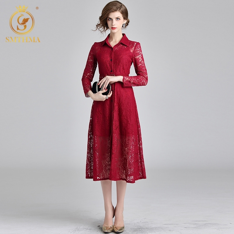 

High Quality Runway Women Long Sleeves Single-Breasted Maxi Dress Wine Red Lace Dresses Vestidos 210520, Photo color