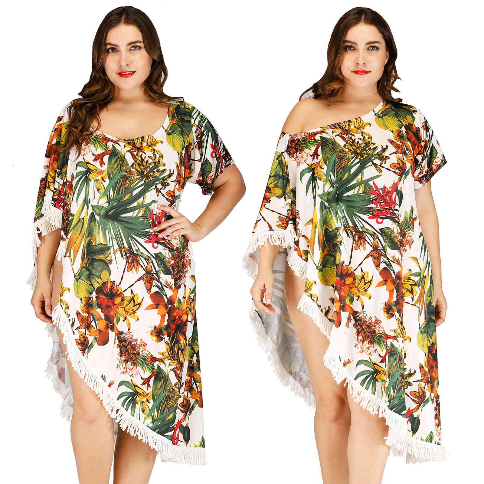 

Women's Swimwear Women Beach Bikini Cover Ups Irregular off-shoulder plant print long tassel blouse sexy bathing suit summer swims, Color as shows