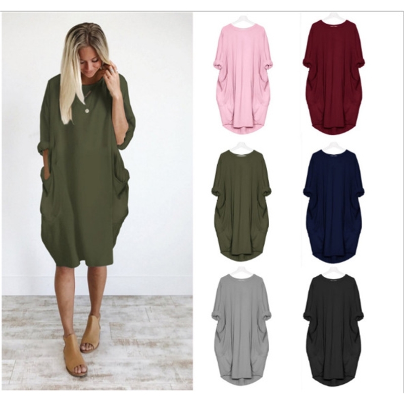 

New women's 2021 casual loose pocket Long Sleeve Dress, Black