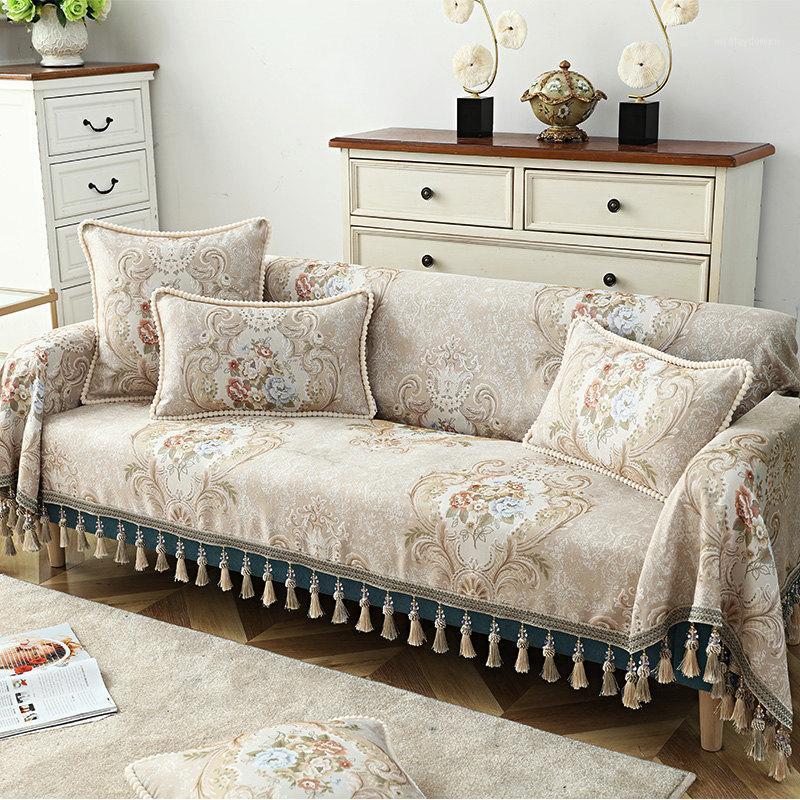 

Chair Covers European Dense Sofa Towel Cover With Tassels 1/2/3/4 Seater Jacquard Flower Single Armchair Chaise Longue Couch Non-slip