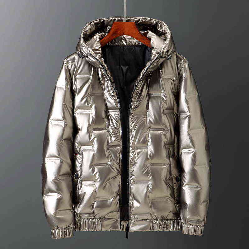 

2022 New Men's Winter Down Jacket White Duck Down Coat Hood Warm Waterproof Zipper Coat Shiny Down Parka Outwear Bright Colors Y1103, Black