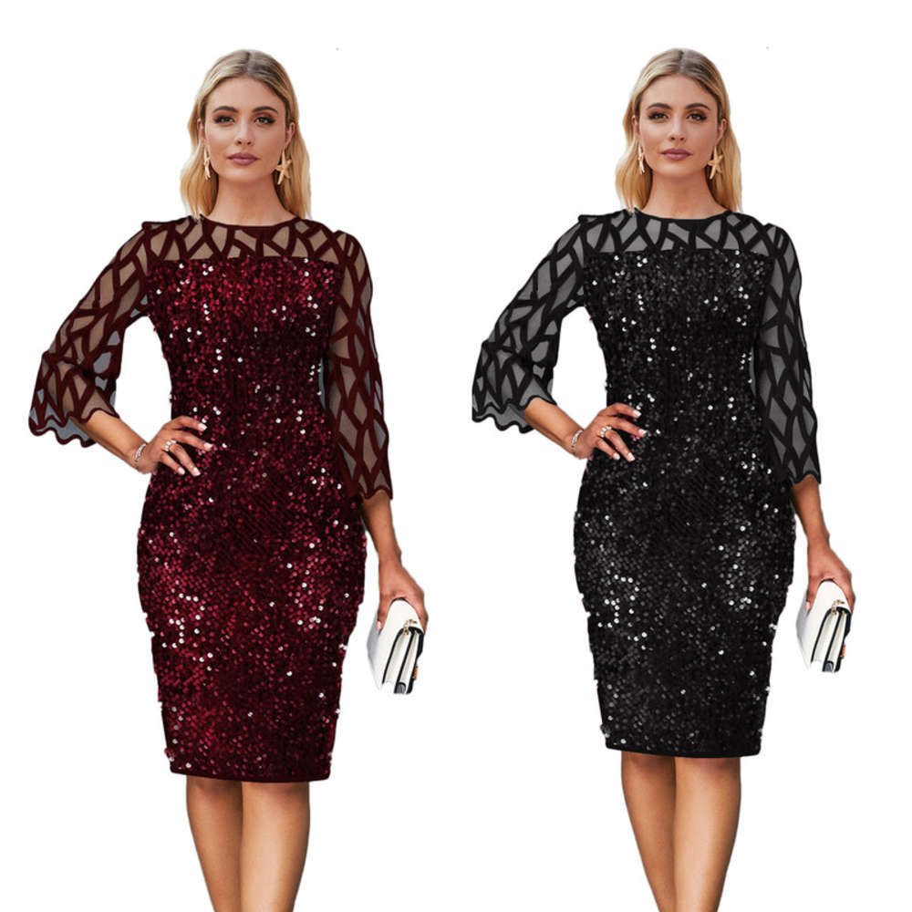 

Casual Dresses Km8078 women' Sequin drs tight skirt, Wine