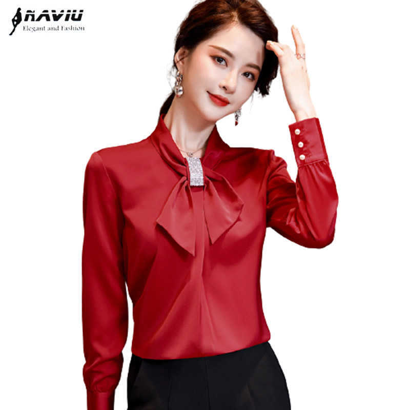 

Red Shirt Women Long Sleeve Fashion Spring Temperament Formal Casual Satin Blouses Office Ladies Looses Work Tops 210604