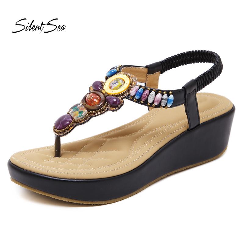 

Slippers Silentsea Women Summer Casual Flat Sandals Shoes Woman Flower Flip Flop Sweet Beach Plus Large Size, Black