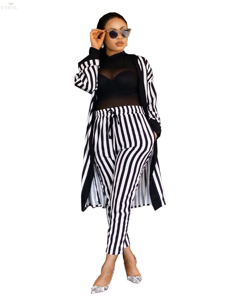 

Two Piece Dress Women Set Full Sleeve Cardigan Pants Suit Fashion Casual Black White Striped Print Club Tracksuit Outfits, Multi