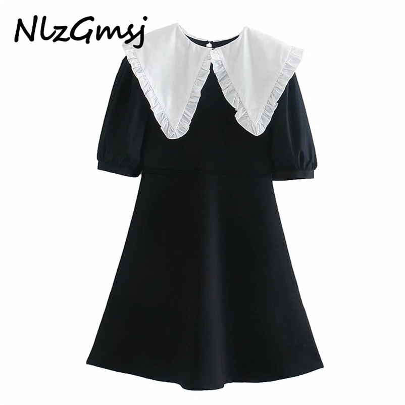 

Dres Black Patchwork Mini Knitted Vintage Contrast Double-Layer Collar Short Puff Sleeve es 210628, As picture