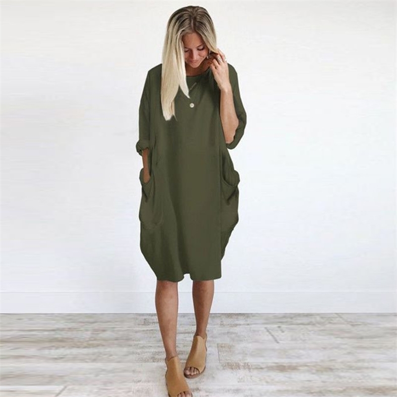 

Paris Girl Women's Fashion Solid Color Round Collar Casual Loose and Long Knee Pocket Summer Dress 210524, Pink