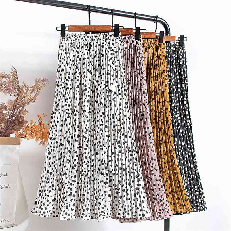 

Croysier Women Chiffon Pleated Skirt Elastic High Waist Summer Skirts Print Casual Midi Long Skirt Mid Calf Length 210721, R yellow