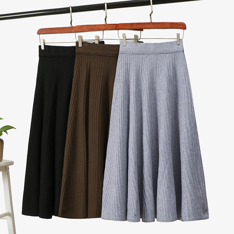 

Autumn Winter Solid Knitted Pleated Skirt Women Office Lady High Waist Slim A Line Midi Female Casual 210520, Gray