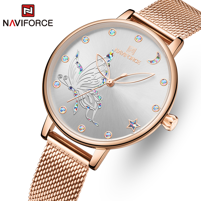 

NAVIFORCE Luxury Crystal Watch Women Top Brand Rose Gold Steel Mesh Ladies Wrist Watches Bracelet Girl Clock Relogio Femininog, Rose gold blue