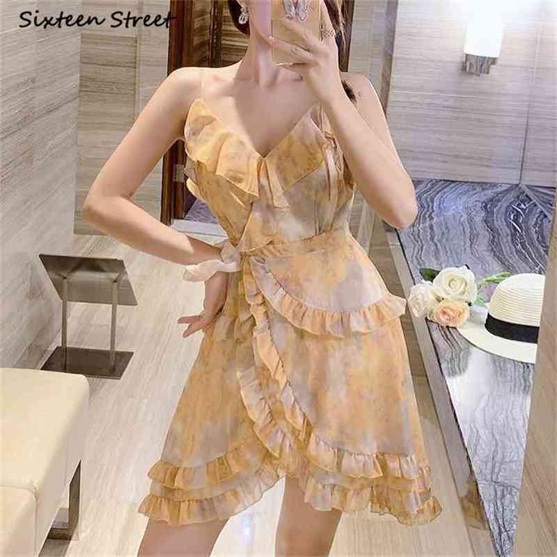 

Summer Beach Dress Woman Yellow Runway Design Sleeveless Bodycon Strap High Waist V-neck Luxury Boho Mini es 210603, Brown