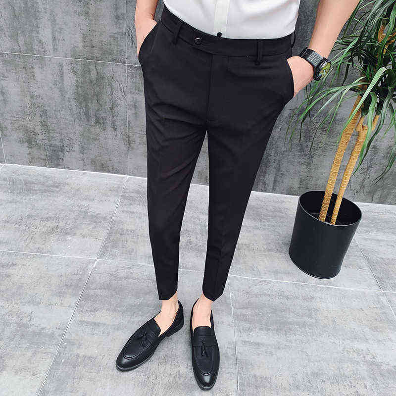 

British Style Ankle Length Spring Summer Men Dress Pants Stretched Simple Slim Fit Casual Office Trousers Formal Wear 211111, White