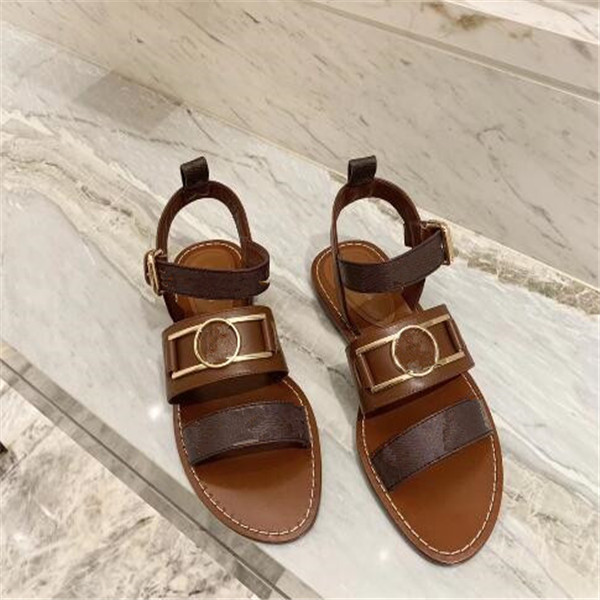 

Newest Luxury Women Print Leather Sandal Striking Style Designer Outsole Perfect Flat Canvas Plain Comfortable Size 35-42, Brown