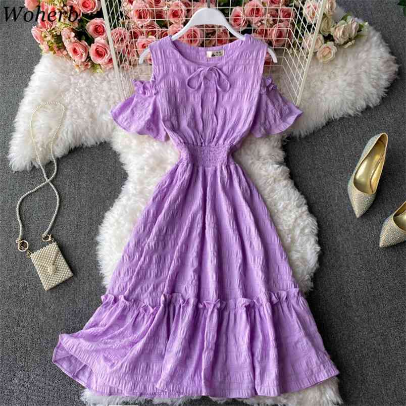

Elegant Dress for Women Solid Bandage Off Shoulder Robe Korean Vintage Summer Vestidos Femme Pleated Ruffle Dresses 210519, Pink