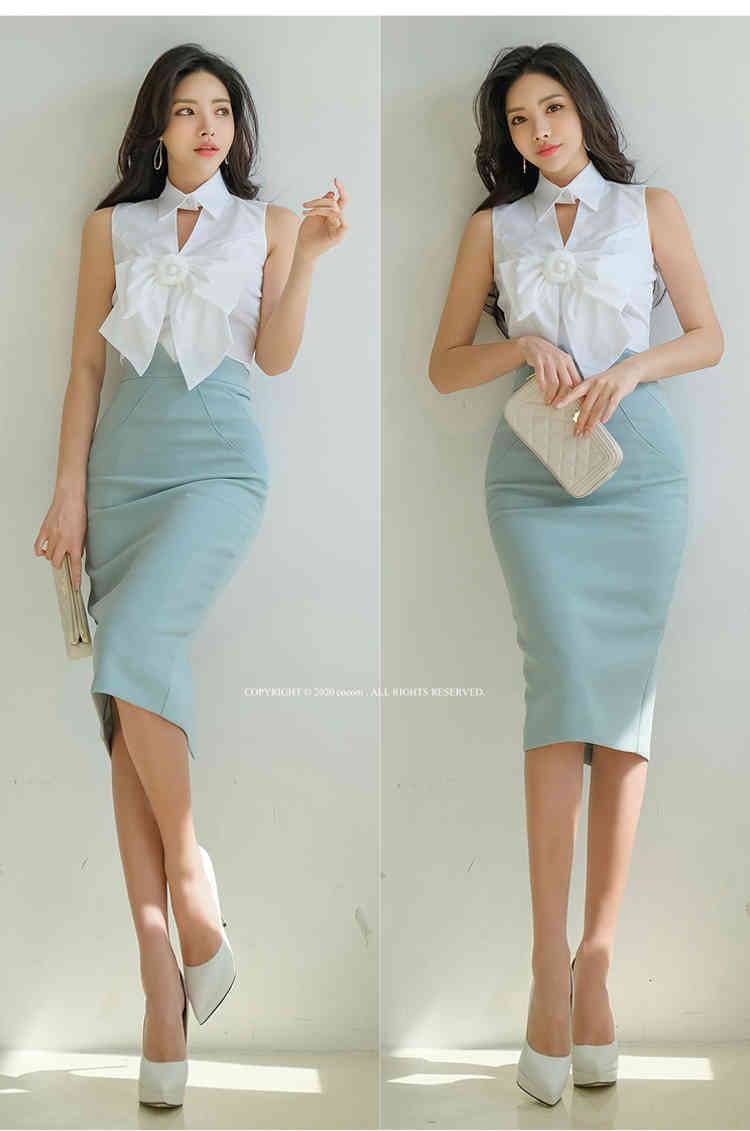 Two Piece Dress Summer 2 Set Women Suit sleeveless Chiffon Blouse Shirt Tops Blue Pencil Skirt Crop Top and PGWJ-image-699597178