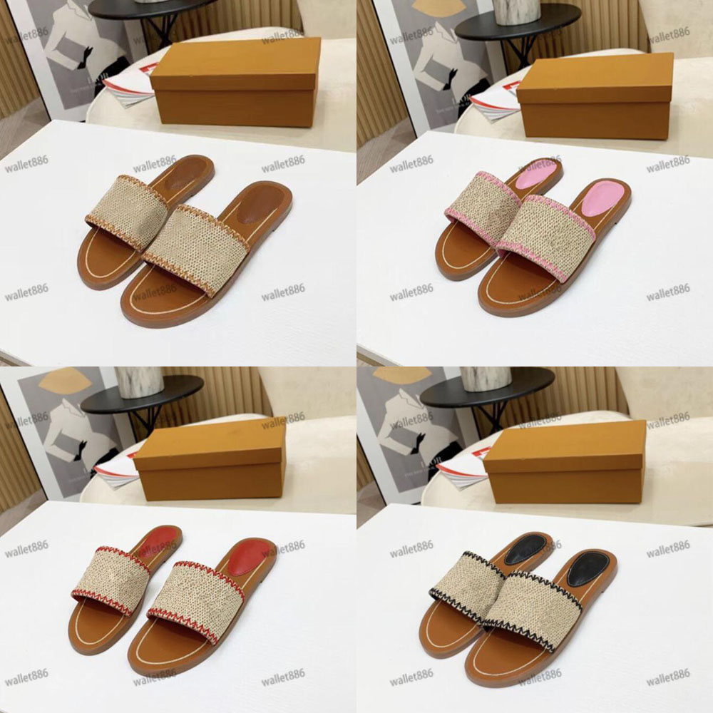 

Classic Rattan Straw Non-slip Slipper Womens Summer Cowhide Sandals Slippers Embroidery Designers Sandal Floral Brocade Flip Flops Beach Rubber Sliders, Black