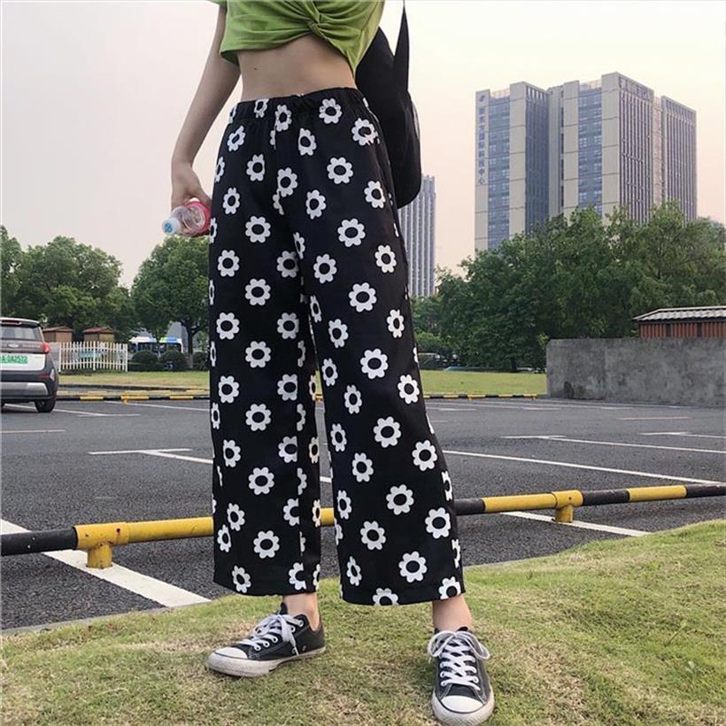 

kawaii chic ins trousers womens capri casual flower loose straight cute japan harajuku buttom for women, Black;white