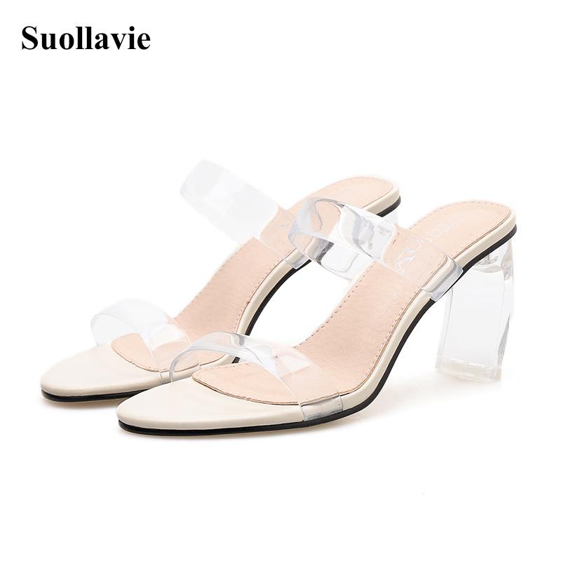 

Slippers Suollavie 2021 Spring Summer Women PVC Zebra Transparent Open Toe Thick Heels Solid Shadow Sandals Party Shoes, Black
