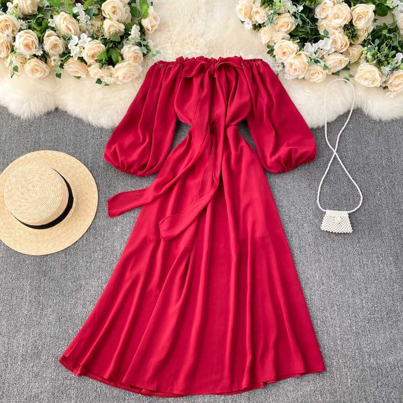 

Sexy Slash Neck Puff Sleeve Yellow/Red/White Party Beach Dress Women Elegant High Waist Big Swing Vestidos Spring Autumn Fashion Y0603