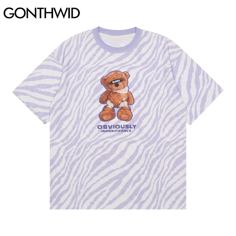

Tees Shirts Hip Hop Zebra Stripe Cartoon Bear Tshirts Harajuku Casual Cotton Fashion Summer Loose Streetwear Men Tops 210602, Purple