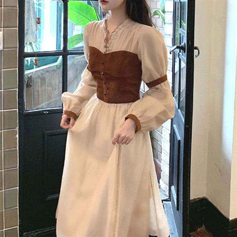 

Vintage Midi Dress Women Casual V-neck Long Sleeve Party Retro Dress Female French Evening One-piece Dress Korean 2021 Autumn, Apricot