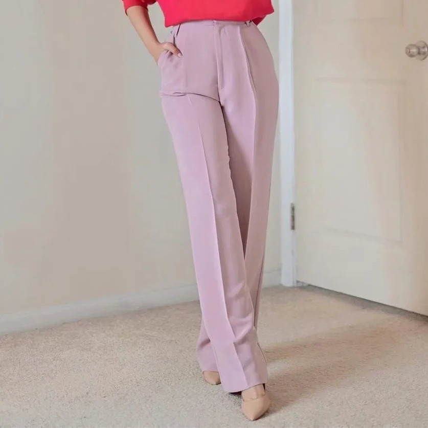 

Stylish Solid Women High Waist Pants Retro Pink Suit Trousers Office Lady Elegant Workwear 210521