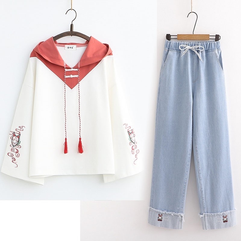 

Little fresh girl child sweet Chinese style loose hooded versatile sweater junior middle school students spring casual two-piece set, Gray