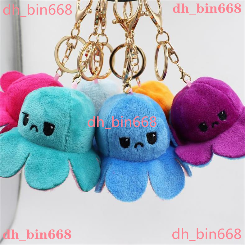 

2021 Reversible Flip Octopus party Keychain Metal Key Ring Plush Doll Toys Bag Animal Pendants Double-Sided Emotion Toy Cute Keyring Ornment