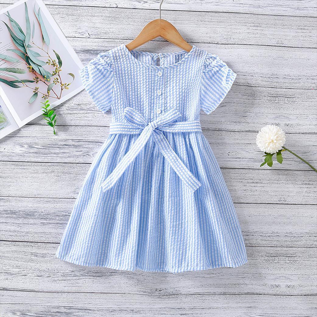 

Summer Childrens Clothes Girl Dresses Casual Striped Belt Short Sleeved For 2 6 Years Old, Red;yellow