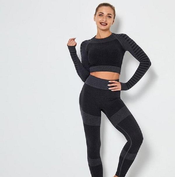 

shaping Sportwear Seamless Woman Set Crop Top Bra Pad Elastic high waist yoga pant Outfit fitness Gym Clothing CFWN 05, As shown in illustration