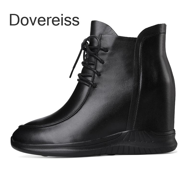 

Boots Winter Woman Fashion Sexy Consice Shoes Genuine Leather Pure Color White Cross Tied Increase Height Ankle 33 40, Black