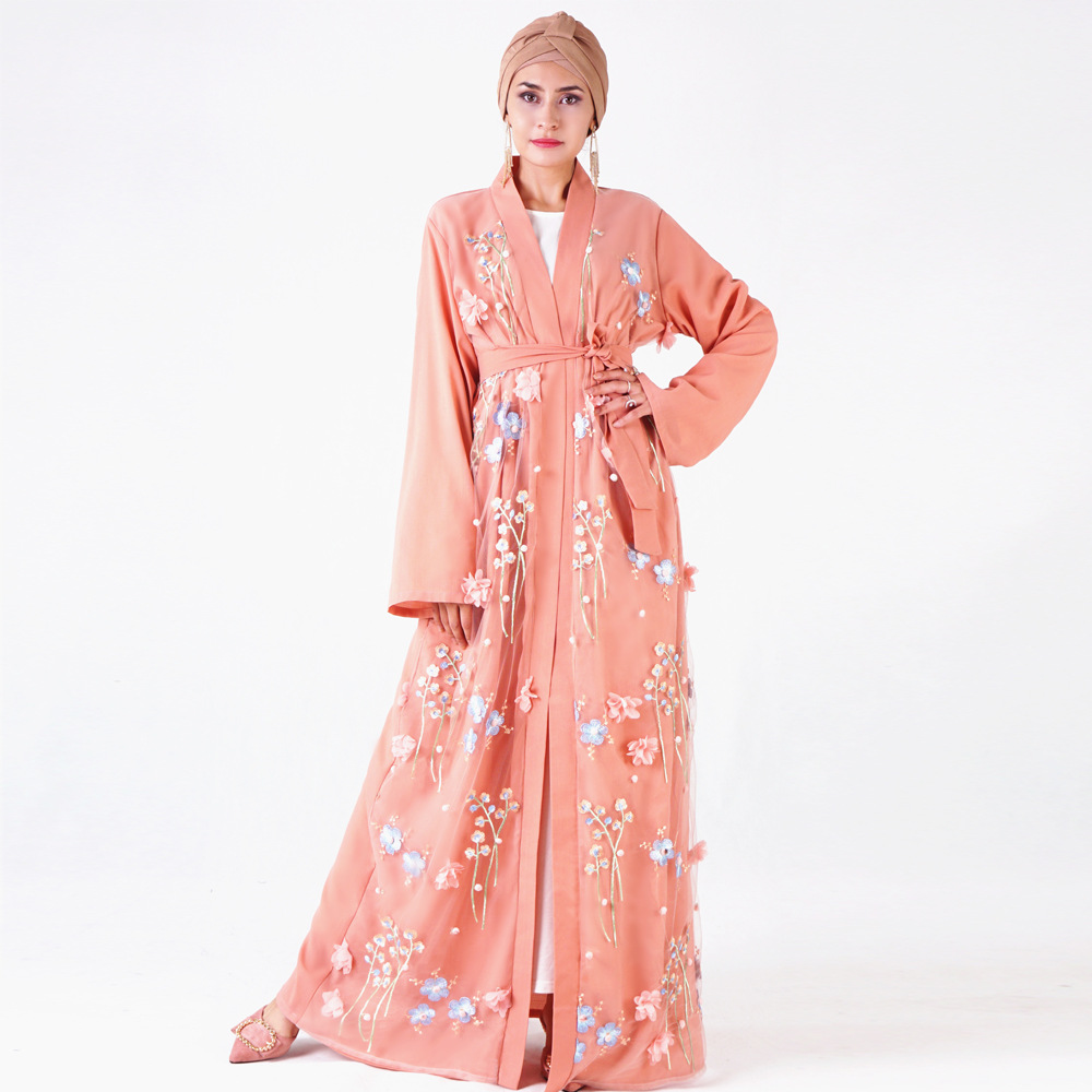 

Muslim Caftan hijab Dress Embroidery Floral Abaya Dresses Women Loose Kaftan Kimono Lace-up Long Robes Islamic Clothing Jubah