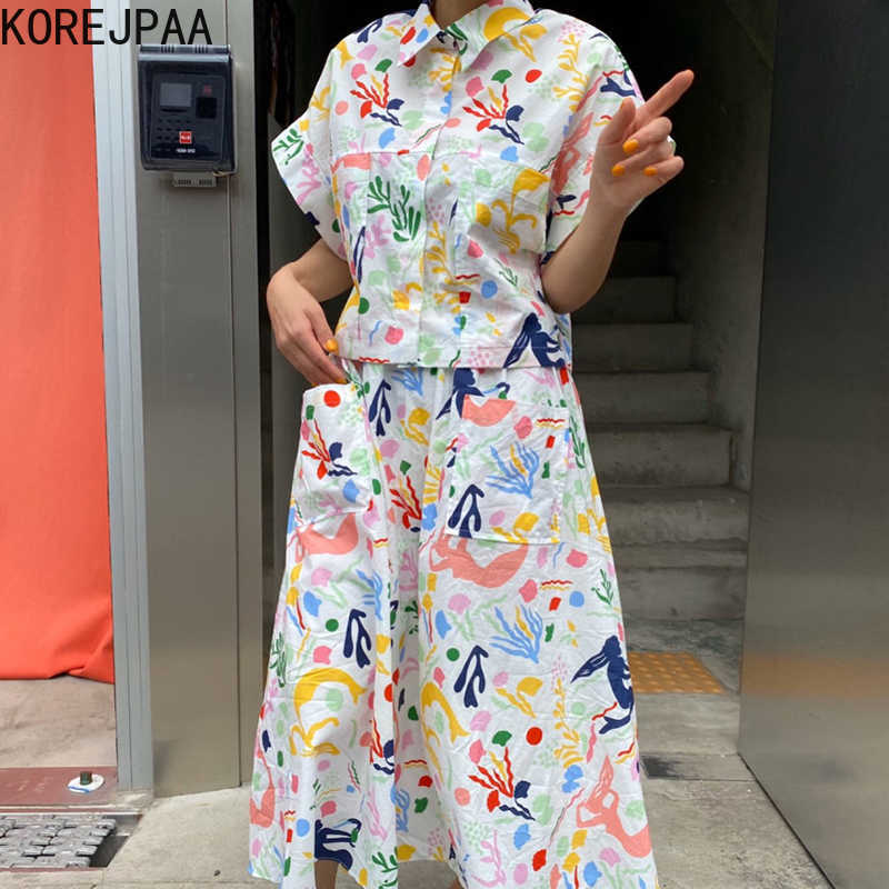 

Korejpaa Women Sets Summer Korean Chic Age-Reducing Playful Graffiti Printed Pocket Shirt High-Waisted Large-Length Skirt 210526, Black skirt