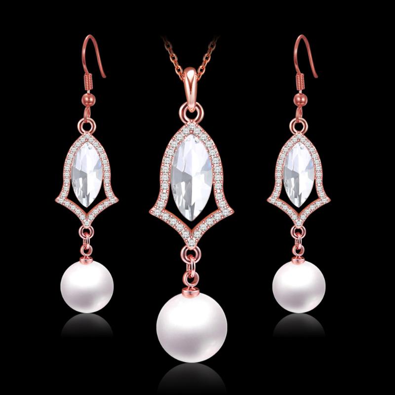 

Earrings & Necklace Luxury Elegant Pearl Red Green Crystal Bridal Jewelry Sets Rose Gold Color Alloy Rhinestone Drop Earring For Women, Silver