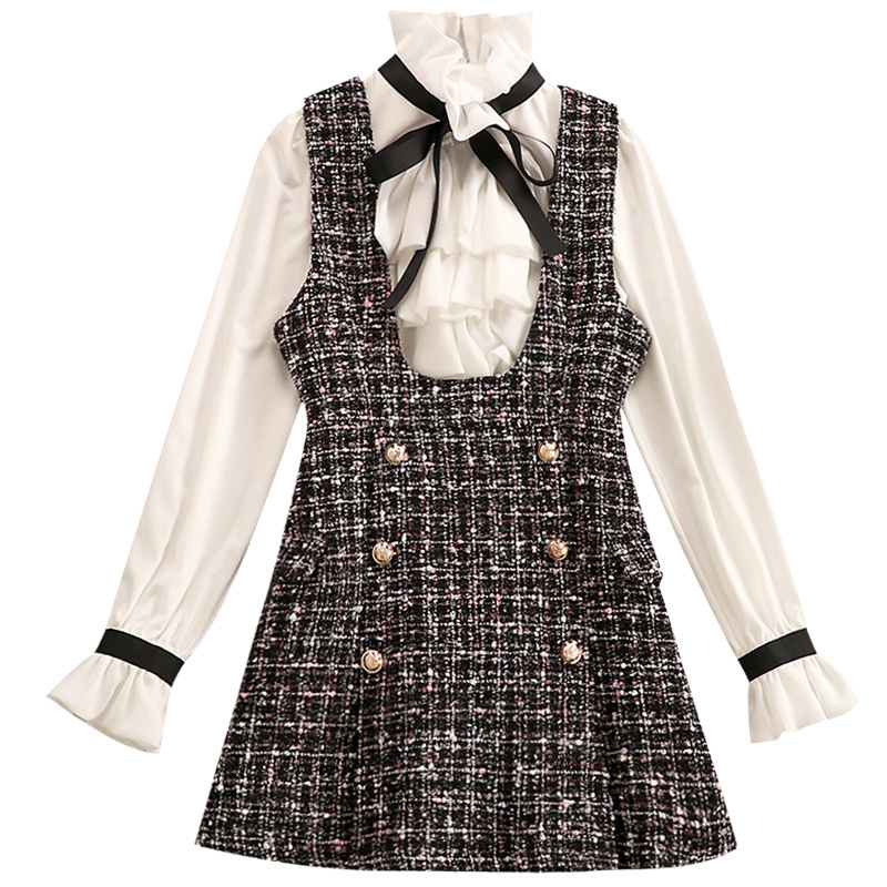 

Autumn Winter 2 Piece Set Overalls Dress Women Elegant Ruffles Chiffon Bow Shirt Top+Double Breasted Plaid Tweed Vest, Top only
