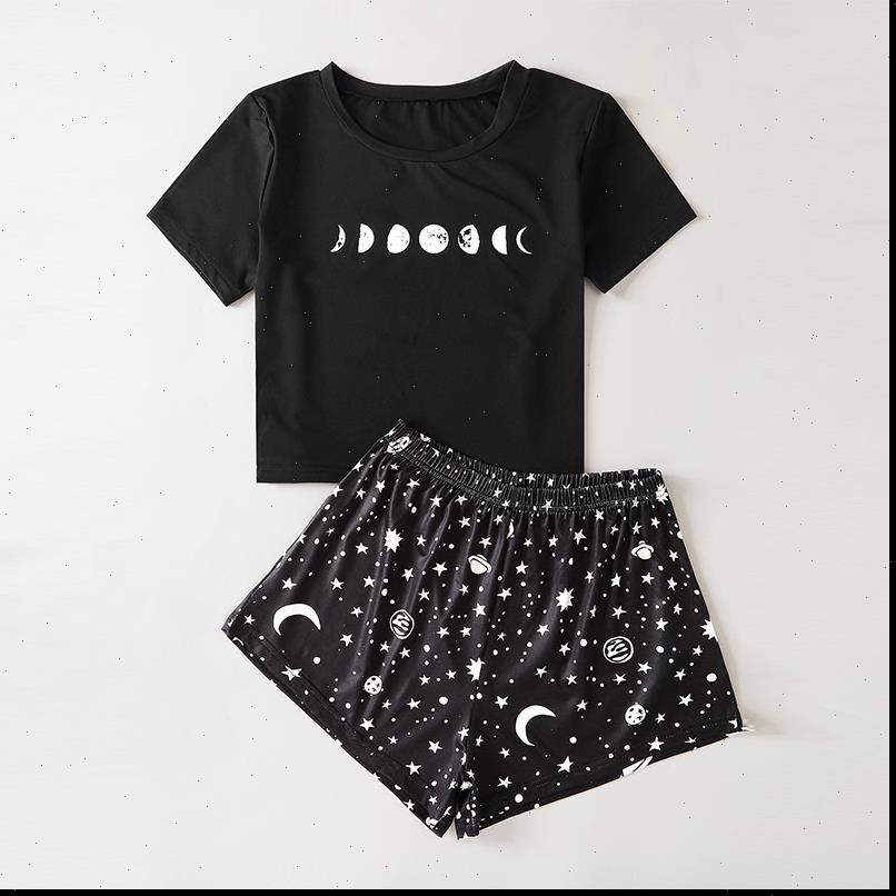 

Casual Black Starry Sky Womenpant Printed Short Sleeve Shorts Two Pieces Sets Pajama, White