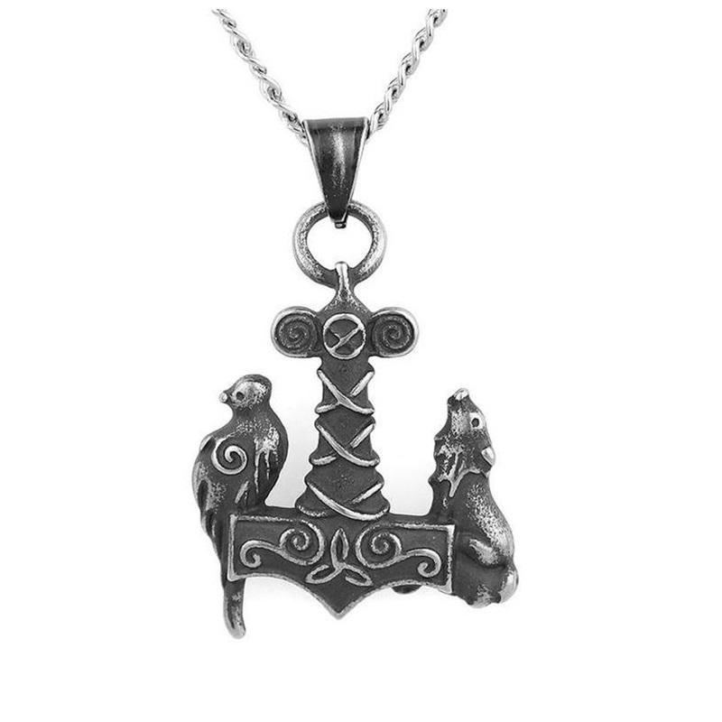 

Pendant Necklaces Viking Raven Wolf Necklace Stainless Steel Hammer Men And Women Fashion Accessories Jewelry