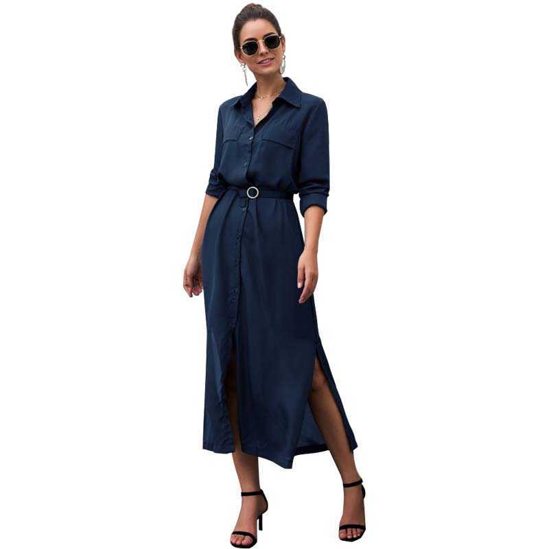 

Turn Down Collar Solid Color Long Sleeve Single Breasted Mid-calf Dress Women Elegant Temperament Office Streetwear Dresses 210608, Black