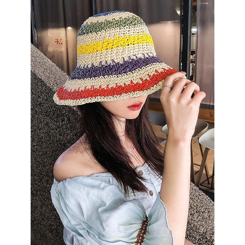 

Wide Brim Hats Summer Women Rainbow Straw Hat Handmade Sun Visor Cap Panama Style Bucket Strawhat Beach Outdoor Girl, Khaki