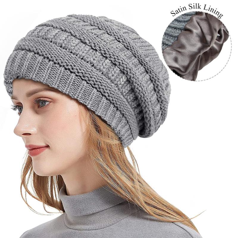

Beanies Winter Knit Beanie Hats For Women Silk Satin Lined Chunky Cap Soft Stretch Cable Warm Slouchy