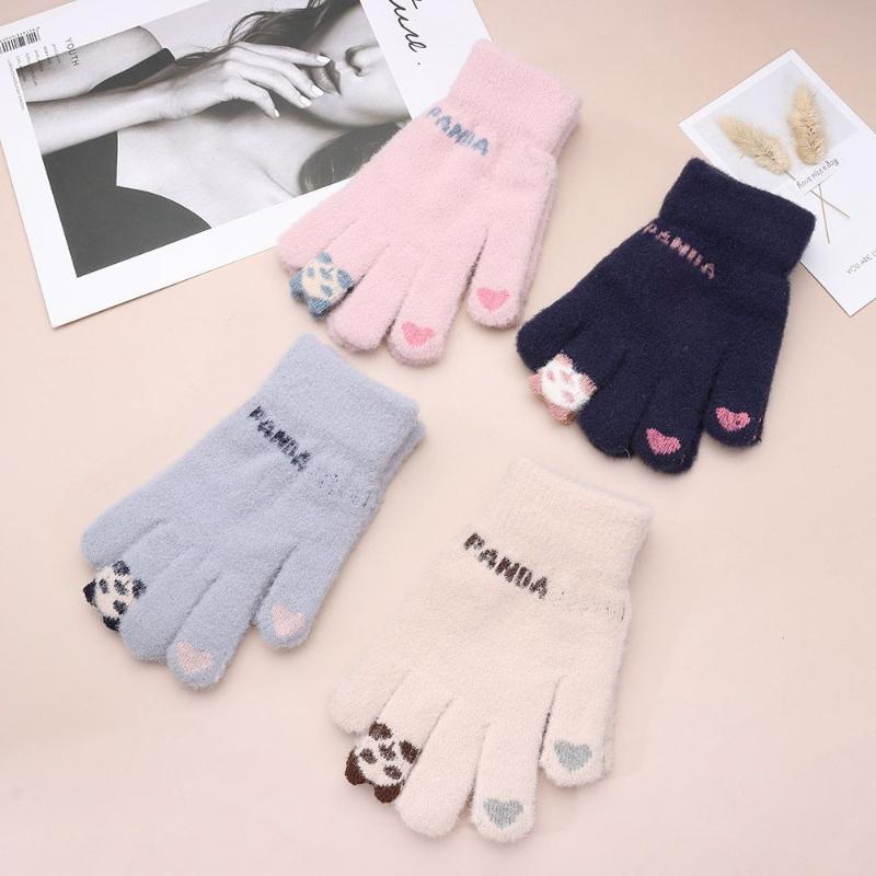 

Five Fingers Gloves Winter Warm Knitted Full Finger Mittens Cute Cartoon Cats Touched Screen Unisex Women Thick Cycling, Blue;gray