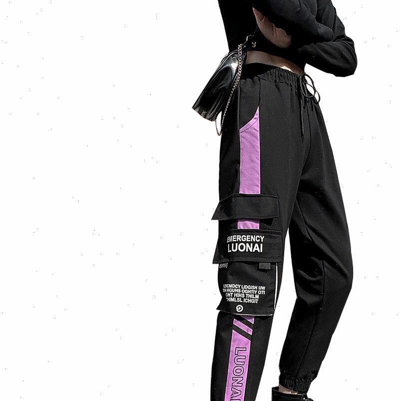 

women fashion capri loose cargo pants female casual big pocket streetwear trousers ladies elastic waist ankle length jogger, Black;white