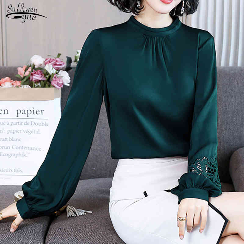 

Spring Fashion Western Style Slim Mulberry Silk Embroidered Blouse Tops Lantern Sleeve Long Satin Shirt Blusas 13042 210521, Pink