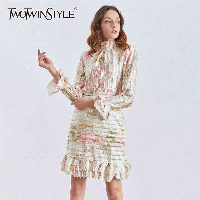 

Print Patchwork Ruffle Women Dress Stand Collar Puff Long Sleeve High Waist Mini Dresses Female Fashion 210520, Pink