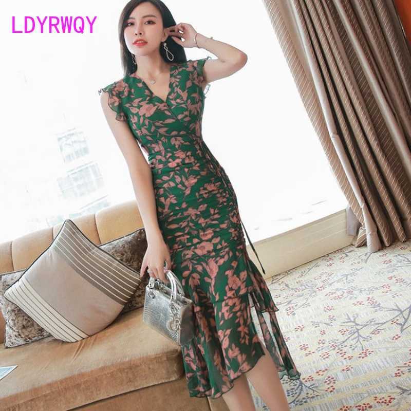 

LDYRWQY Slim dress summer female ladies sleeveless v-neck fashion wear floral Office Lady Polyester 210603, Green