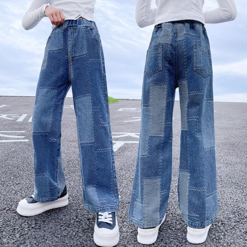 

Jeans For Girls Patchwork School Uniform Children Autumn 2021 Kids Pants Fashion Blue Wide Leg Casual Loose